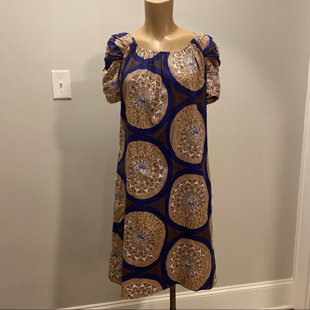 Etcetera Royal Blue & Beige Short Sleeve Cotton Shift Dress Size: 0
